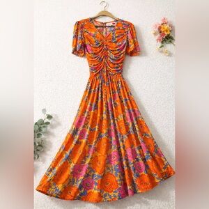 FARM RIO Arabesque Ruched Midi Dress